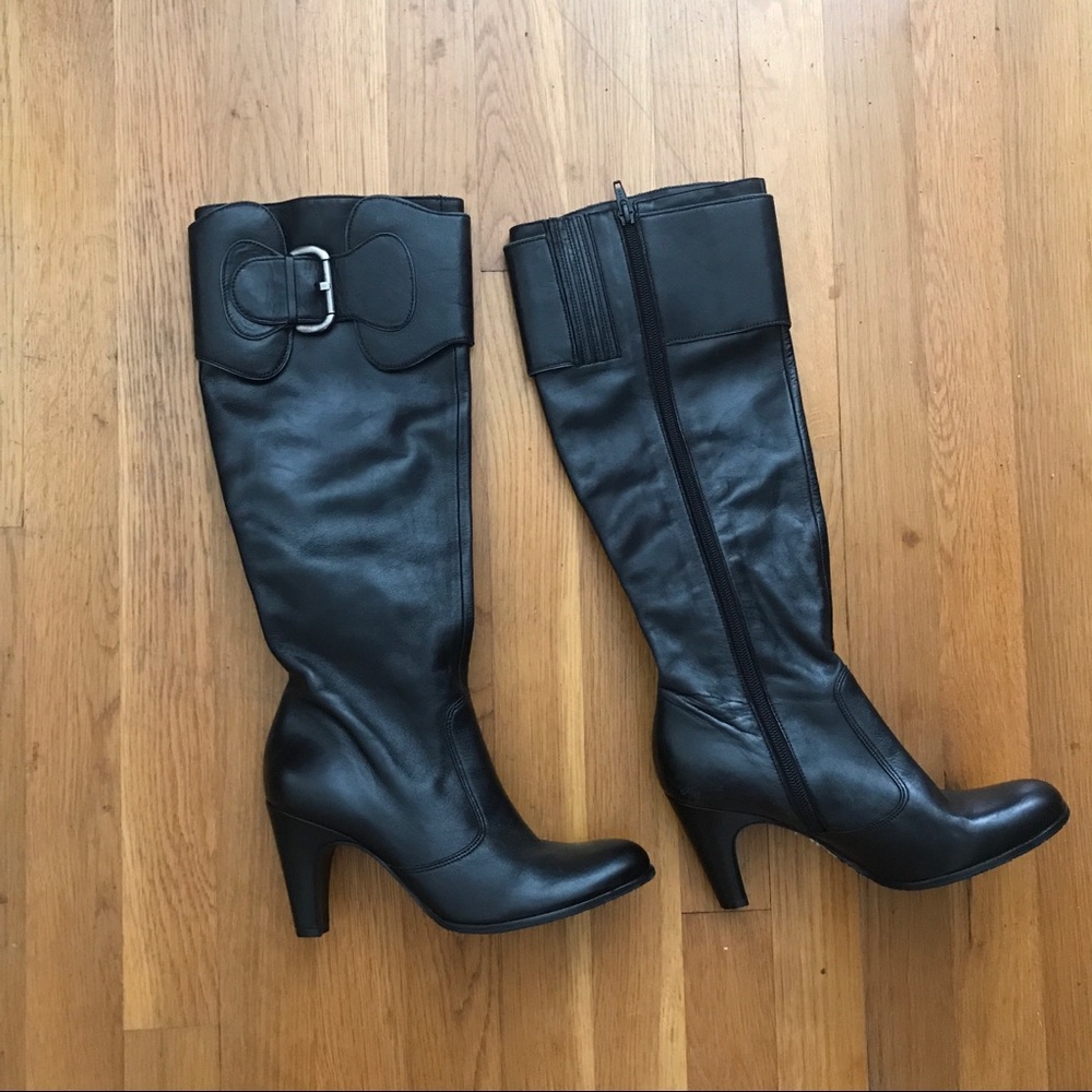 ANTONIO MELANI NWOT Heel Black Mid Calf Leather Buckle Boots 8